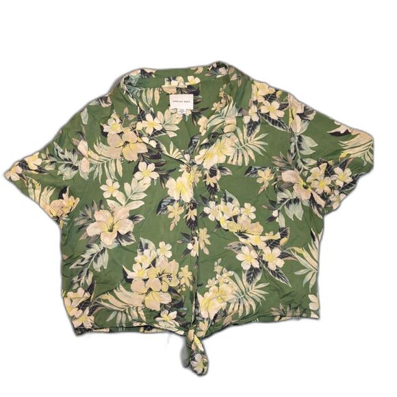 American Eagle Cropped Tie Front Hawaiian Tropical Button Up Shirt Large - Picture 1 of 4